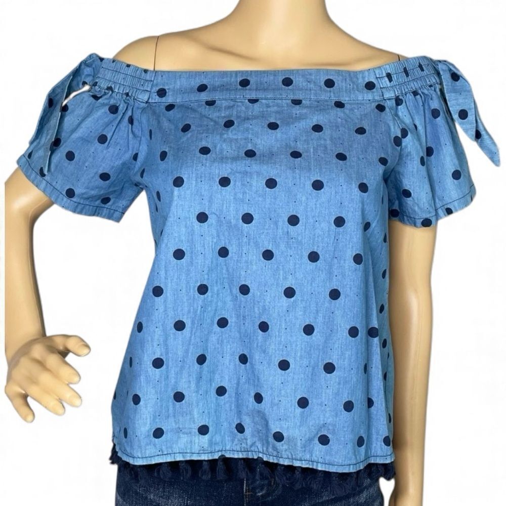 Joy Joy Short Off Shoulder Short Sleeve Polkadot Pom Pom Hem Blouse Blue Small